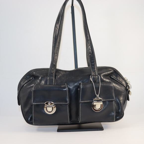 La Bagagerie Black Leather Satchel Tote with Front Pockets - Picture 1 of 7